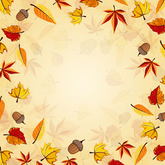 Fototapeta premium Autumn leaves fall on border vector illustration. Background with hand drawn autumn leaves. Design elements.