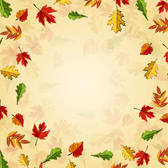 Obraz premium Autumn leaves fall on border vector illustration. Background with hand drawn autumn leaves. Design elements.