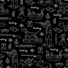 Vector seamless pattern with hand drawn isolated symbols of hunting on black color