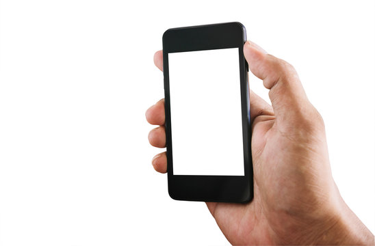 Man hands using smart phone white screen