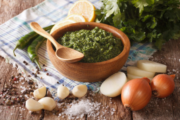 Green spicy sauce chimichurri and ingredients close-up. horizontal
