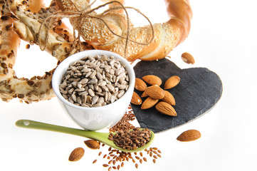 breakfast background with Bagels with seeds, almonds and Flax seed 