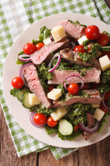Salad vegetables, cheese and beef steak with chimichurri sauce closeup. Vertical top view
