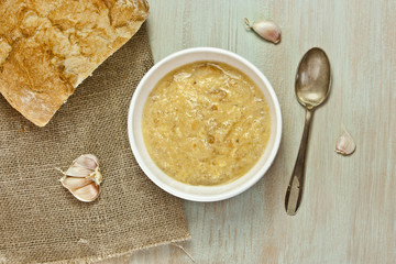 Photo of traditional Spanish garlic, bread and eggs soup