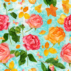 Seamless roses and camellias pattern, golden and pink, on teal