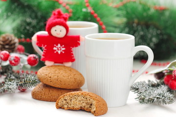Sweet cookies and coffee in christmas decoration