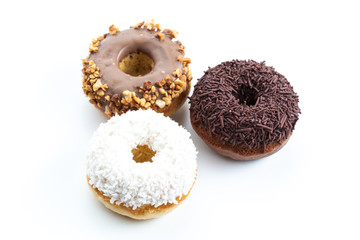 various donuts on white background