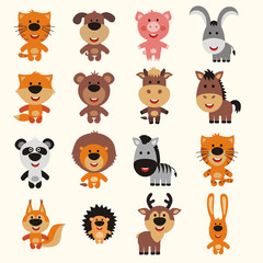 Fototapeta premium Vector collection isolated animals. Set cartoon animals. Cute animals: asia, africa, forest, farm, domestic