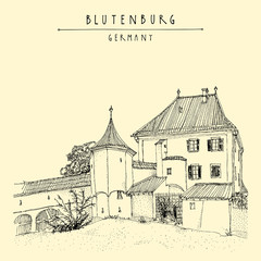 Blutenburg castle near Munich, Bavaria, Germany, Europe. Travel sketch. Book illustration. Vintage hand drawn touristic poster or postcard