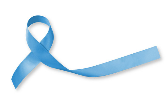 Light blue ribbon symbolic sign for prostate cancer awareness campaign and men's health in November on white background with clipping path: Shiny blue satin texture textile