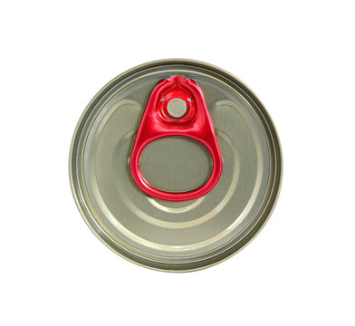 Top view of beverage can with red ring pull isolated on white
