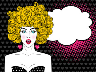 Wow pop art female face. Sexy surprised woman with open mouth, blonde curly hair and speech bubble. Vectorl background in pop art retro comic style.