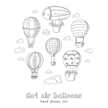 Hot Air Balloons doodle set. Vintage illustration