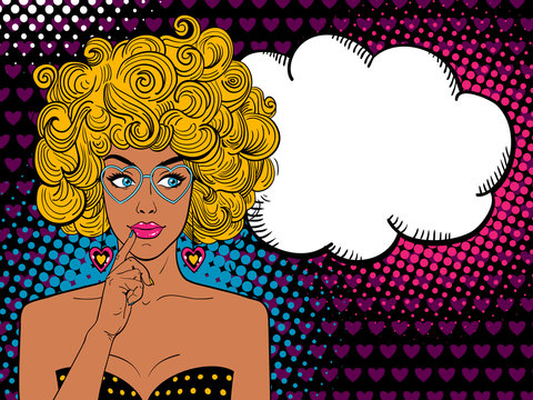 Pop art female face. Sexy surprised sun-tanned woman with finger near her mouth/ smile, blonde curly hair and speech bubble. Vector brightl background in pop art retro comic style.