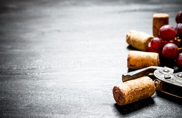 Fototapeta na wymiar Wine corks with corkscrew and grape branch.