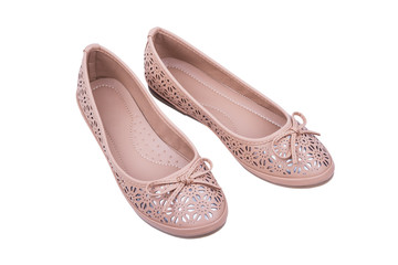 Pair of beige female shoes isolated on white background