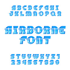 Airborne alphabet vector font. Oblique type letters and numbers on the white background. 