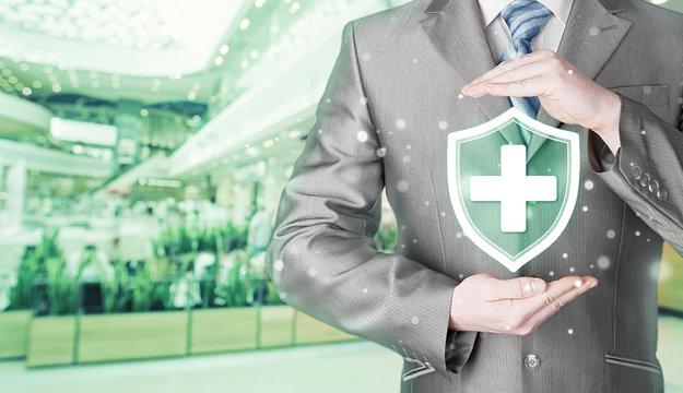 Health protection and insurance. Medical healthcare. Business in health safety. Blurred mall background.