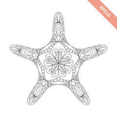 Vector illustration cartoon starfish with doodle ornament. Design for coloring book page. Decorative element
