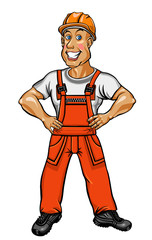 Smiling worker in an orange jumpsuit and helmet