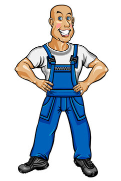 Friendly worker in blue overalls