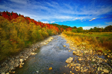 View of mountain river at autumn time