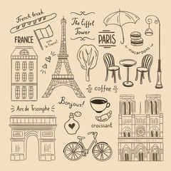 Paris hand drawn illustration. France icons and objects. Travel doodles for Paris © redchocolatte