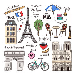 Paris hand drawn illustration. France icons and objects. Travel doodles for Paris - obrazy, fototapety, plakaty