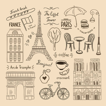 Paris hand drawn illustration. France icons and objects. Travel doodles for Paris