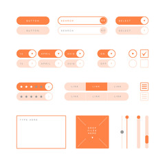 UI design elements vector. Button, search field, selector, checkbox, toggle, radio button, menu links, rating stars, text type field, drop files field, scroller etc.
