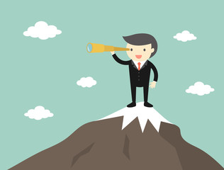 Business concept, Boss/Businessman using his telescope while standing on the top of the mountain. Vector illustration.