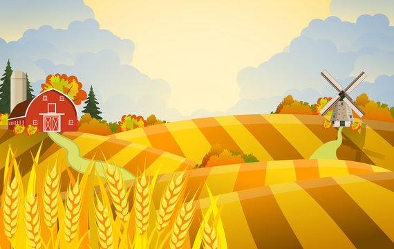 Cartoon beautiful fall farm scene