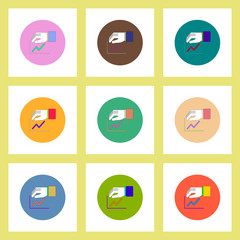 flat icons set of progress statistics and hand concept on colorful circles