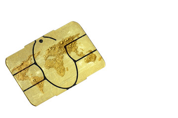 Chip from Bank credit cards isolated on white background closeup macro 