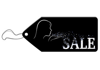 Black label depicting a girl blows away blue and white tinsel from her palm and they add up to a word Sale