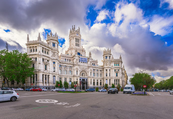 Fototapeta na wymiar Cybele's Square (Plaza de la Cibeles) and Central Post Office (Palacio de Comunicaciones) in Madrid, Spain