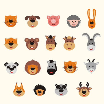 Big vector set animal faces. Collection of isolated animals faces in cartoon style. Smiling animals: forest, asia, africa, farm, domestic