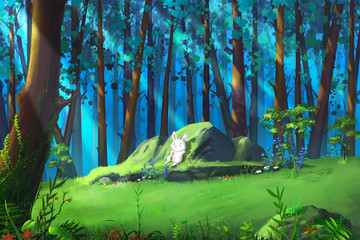 A Small White Rabbit Resting in the Mysterious Woodland. Video Game's Digital CG Artwork, Concept Illustration, Realistic Cartoon Style Background
