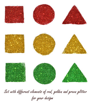 Set with different elements of red, golden and green glitter on white background for your design