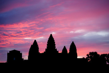 Purple Sunrise over the Sprawling Complex of Angkor Wat in Siem Reap, Cambodia