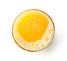 glass of fresh orange juice isolated on white, from above