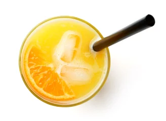 Foto auf Acrylglas Saft Glas frisch gepresster Orangensaft, isoliert auf weiss, von oben