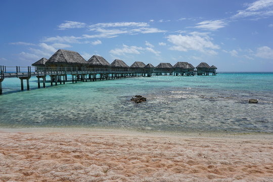 Overwater bungalows seen from a sandy beach, atoll of Tikehau, Tuamotu archipelago, French Polynesia, south Pacific ocean