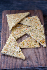 Gluten free cauliflower cheese crackers with garlic and hebs