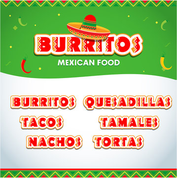 Menu elements for mexican restaurant. Mexican food flyer, brochure template. Burritos, tacos nachos, quesadilla, tamales, tartos logo templates. Isolated vector illustrations.