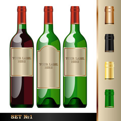 Vector wine bottles mockup with your label here text. Green bottle, white and red wine. Black, silver, golden caps