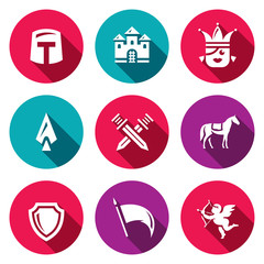 Vector Set of Kingdom Icons. Knight, Castle, Princess, Arms, Battle, Horse, Protection, Banner, Love.