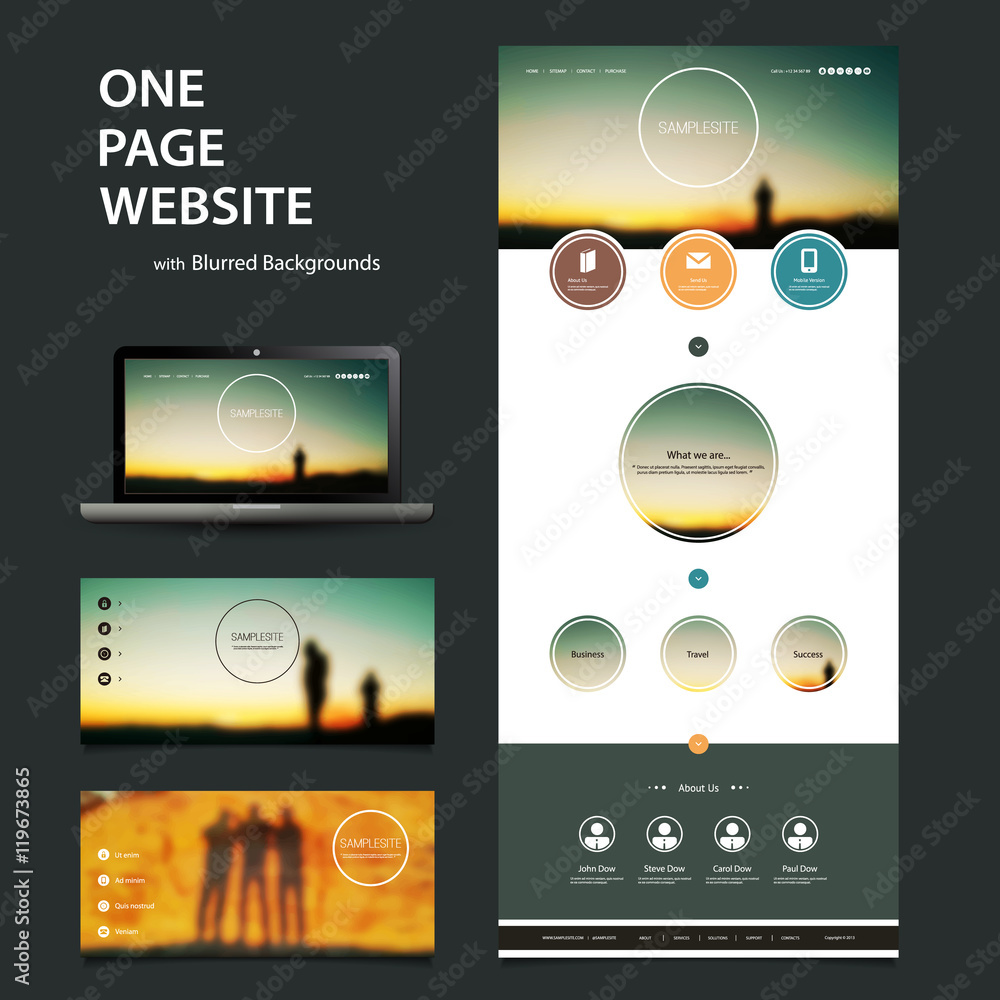 Poster one page website template and different header designs with blurred backgrounds