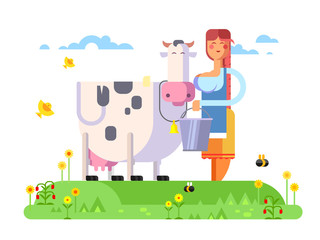 Obraz na płótnie Canvas Cartoon character cow and milkmaid