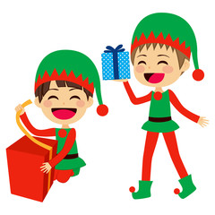 Cute Santa elves helpers wrapping and holding presents